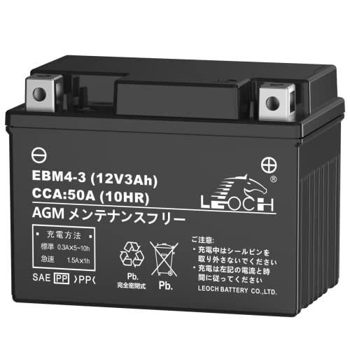 LEOCH 12V 3Ah バイク用バッテリー EBM4-3 【EBM4-3(J) 高性能型】 YTX4L-BS互換 シールド型 AGM 充電済み アドレス JOG NSR250R リード90 DIO トゥデイ タクト ジャイロ